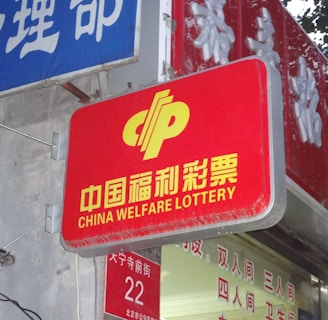 A red sign displaying the text 'China Welfare Lottery' in both Chinese and English, mounted on the exterior of a building. The surroundings include a blue sign with Chinese characters and a partial tree trunk visible on the right side.